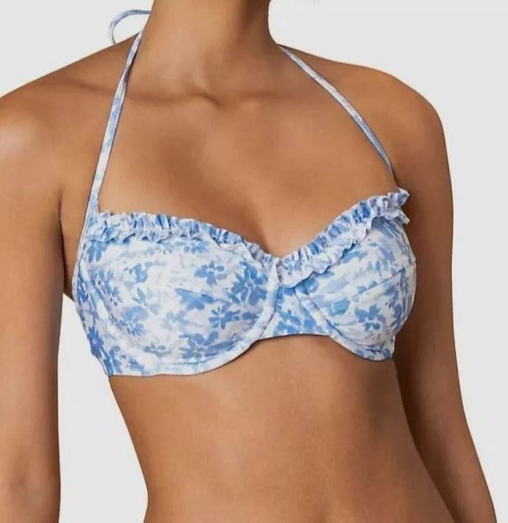 $184 Shoshanna Women's Blue Ruffled Underwire Floral Bikini Top Swimwear Size B